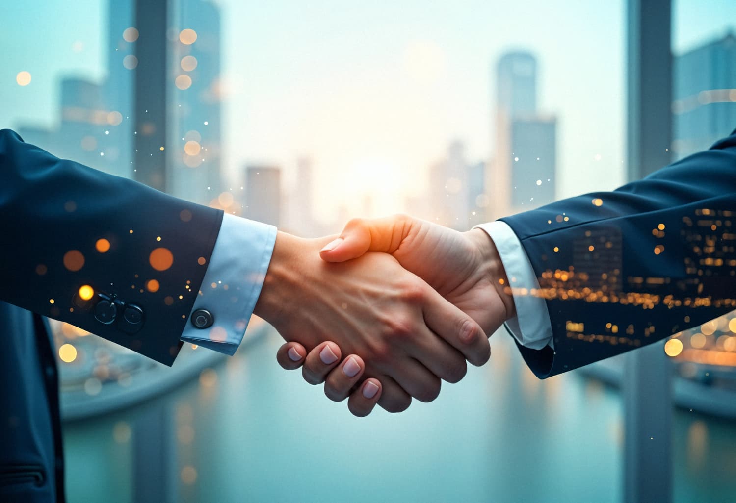 Two business partners shaking hands in front of a city skyline
