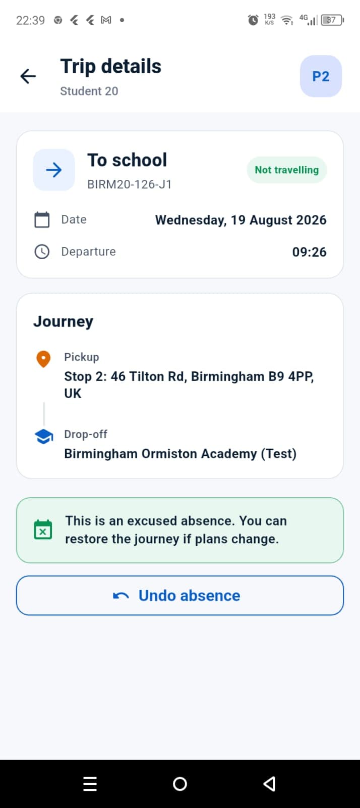 ROADZ parent app showing an upcoming school journey