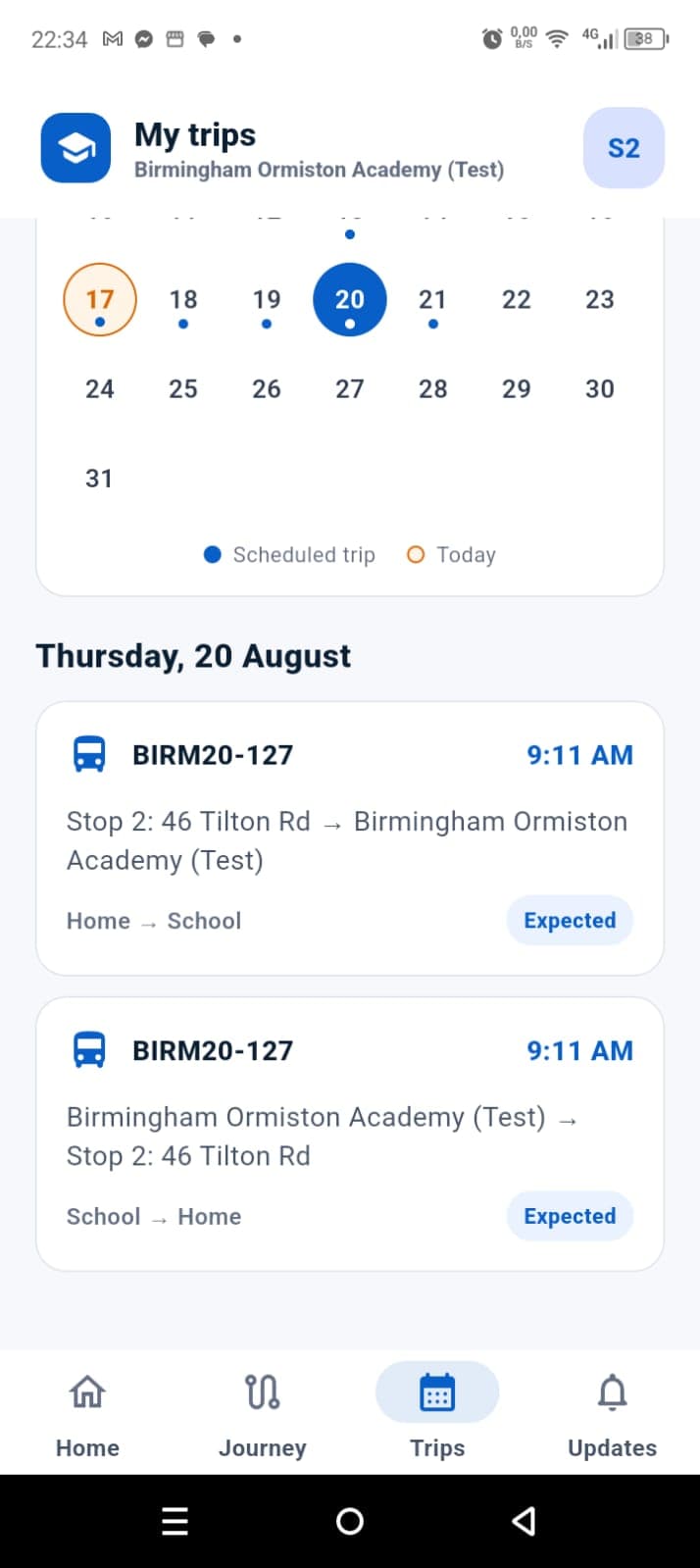 ROADZ student app showing the trip calendar