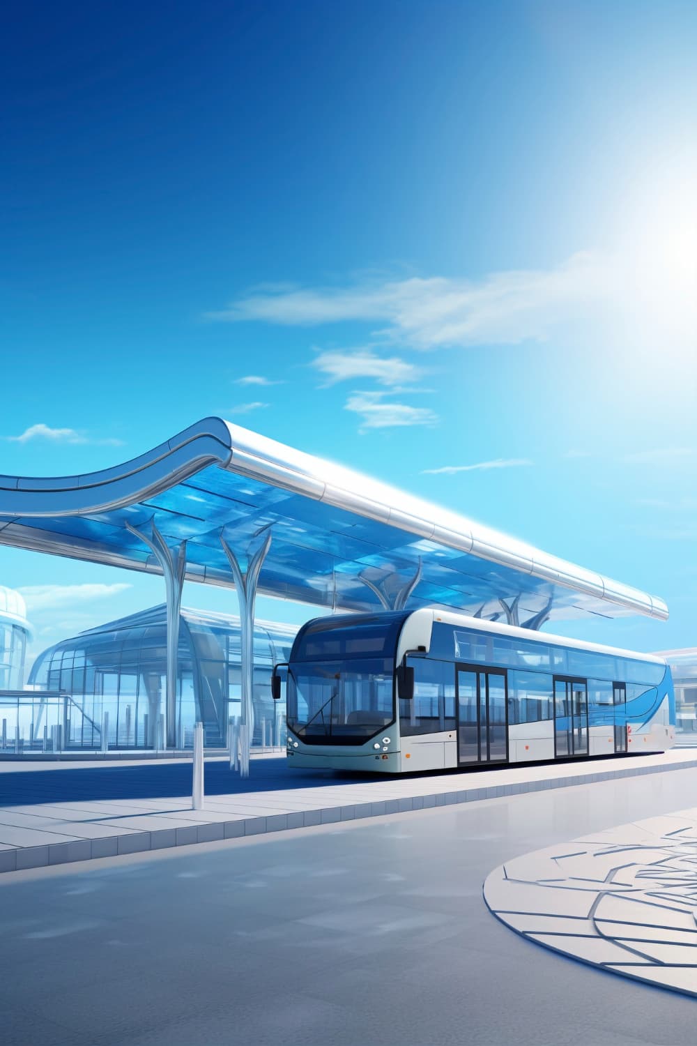 Modern electric bus at a glass-roofed station under a clear blue sky