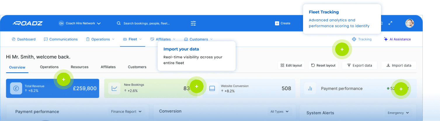 ROADZ dashboard showing fleet tracking, data import and operational features