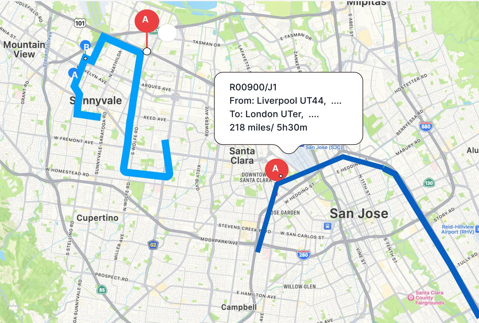 Live route map showing planned routes, vehicle positions and journey details