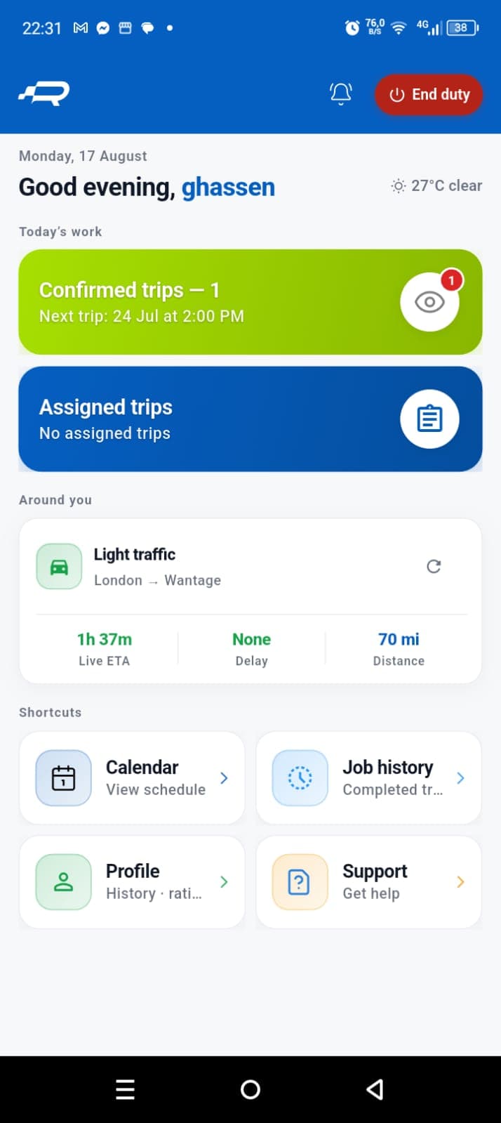 ROADZ driver app showing a school run on a mobile device