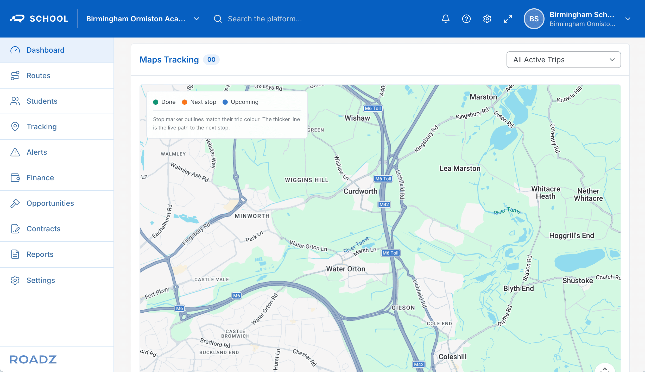 ROADZ live map tracking every active trip