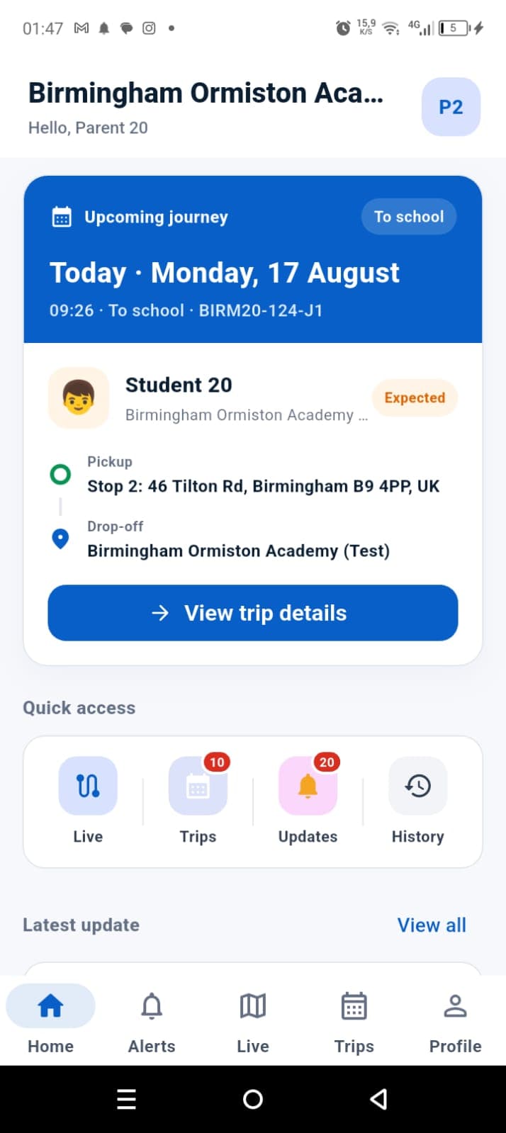 ROADZ parent app showing an upcoming school journey and quick access shortcuts
