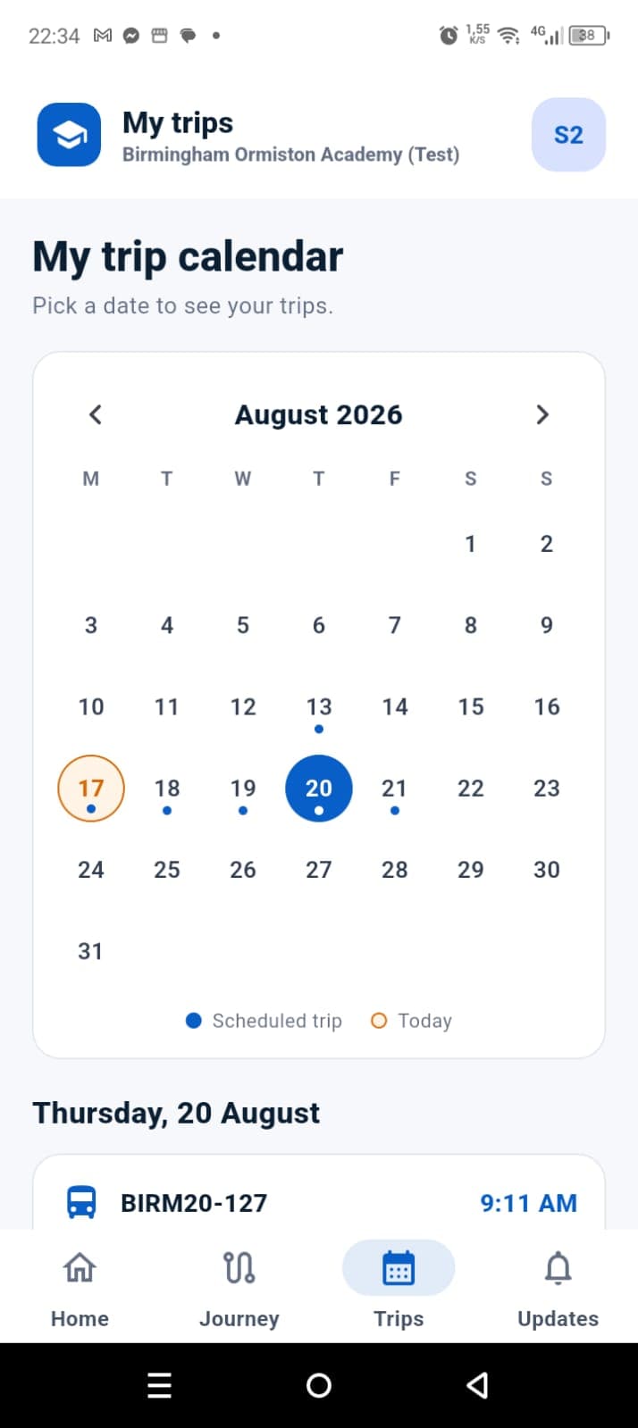 ROADZ student app showing the trip calendar