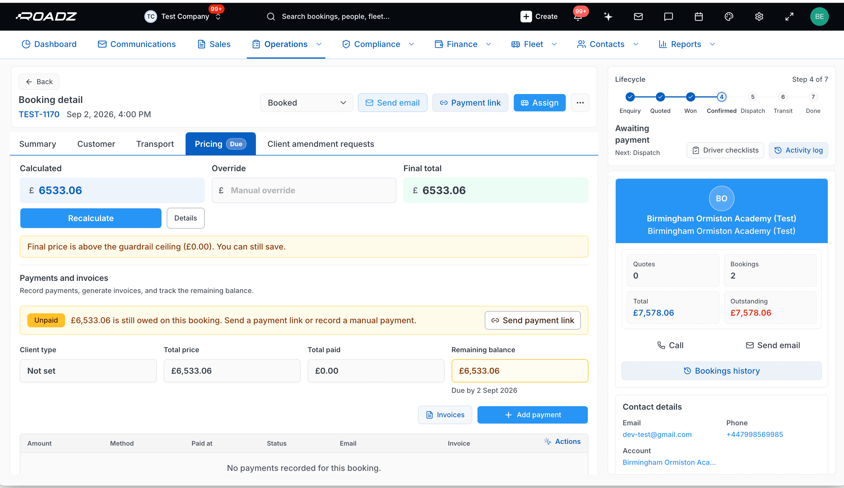 ROADZ booking detail with AI-calculated pricing and payment status