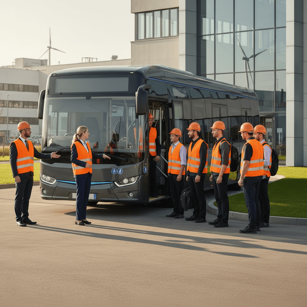Employees in high-visibility clothing meeting a shuttle outside an industrial site
